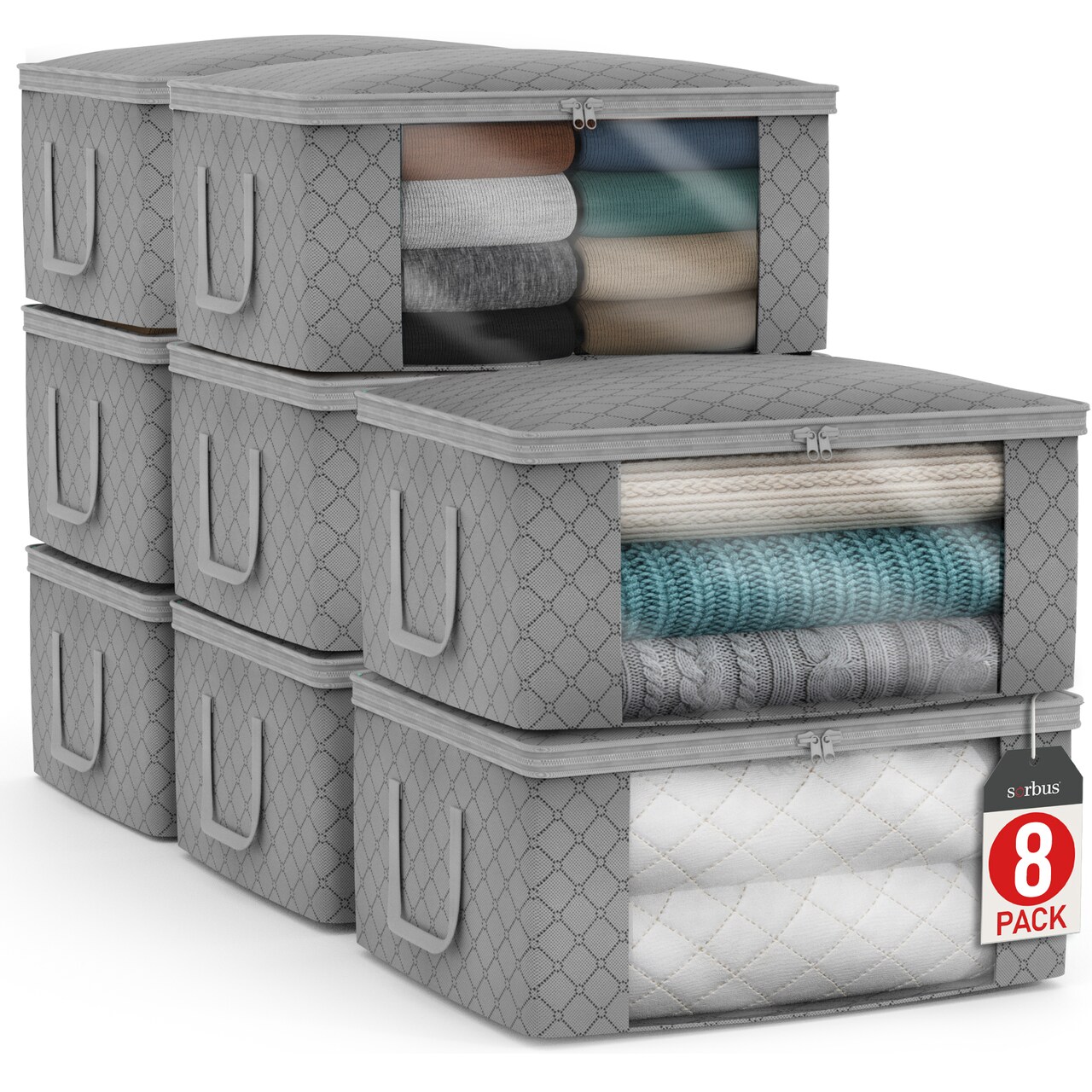 Sorbus Medium Clothes Storage Bags - Foldable Blanket Storage Bins for Organizing Bedroom, Closet, Clothing, Comforter, Organization with Clear Window, Lids and Carry Handles - Set of 8